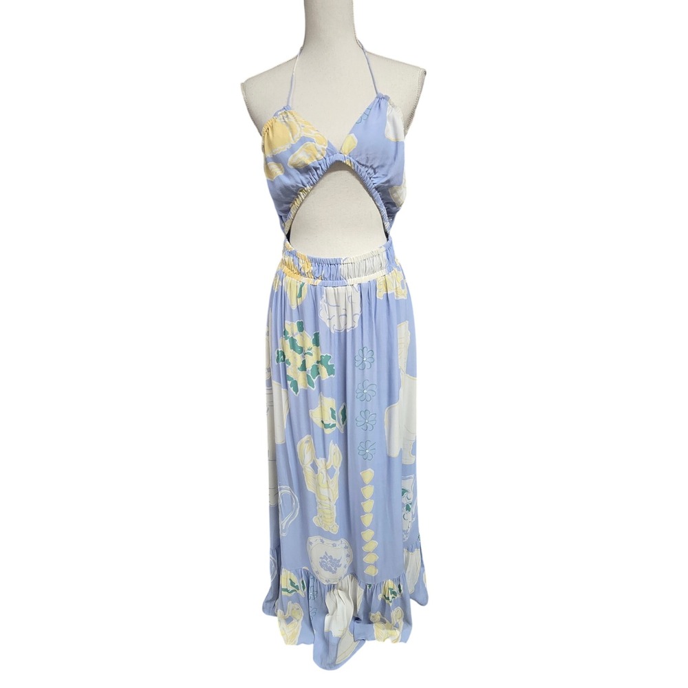 Sabo Skirt Blue Lobster Mediterranean Print Halter Cutout Maxi Dress USA 8/ L
